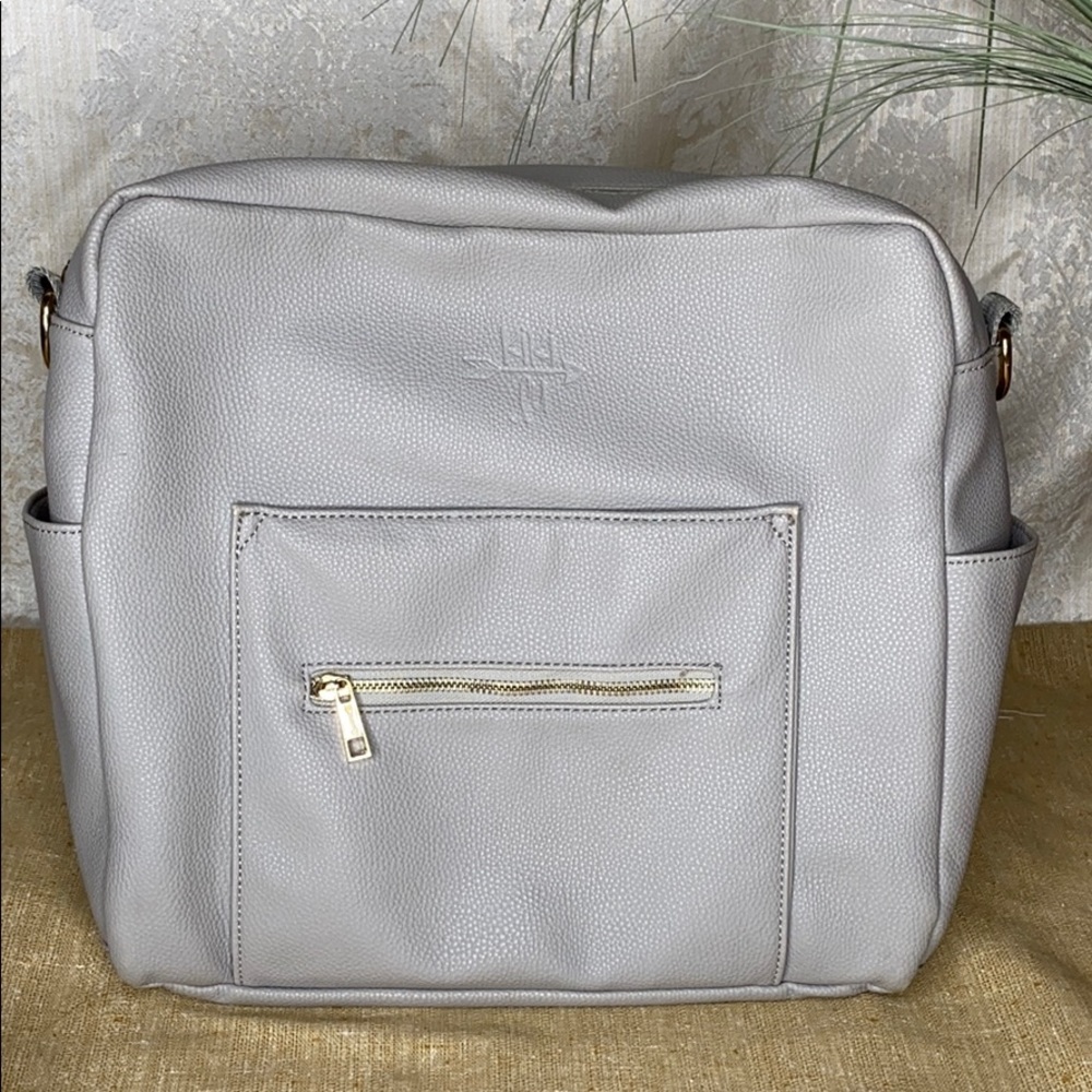 Kiki Lu grey diaper bag faux leather backpack